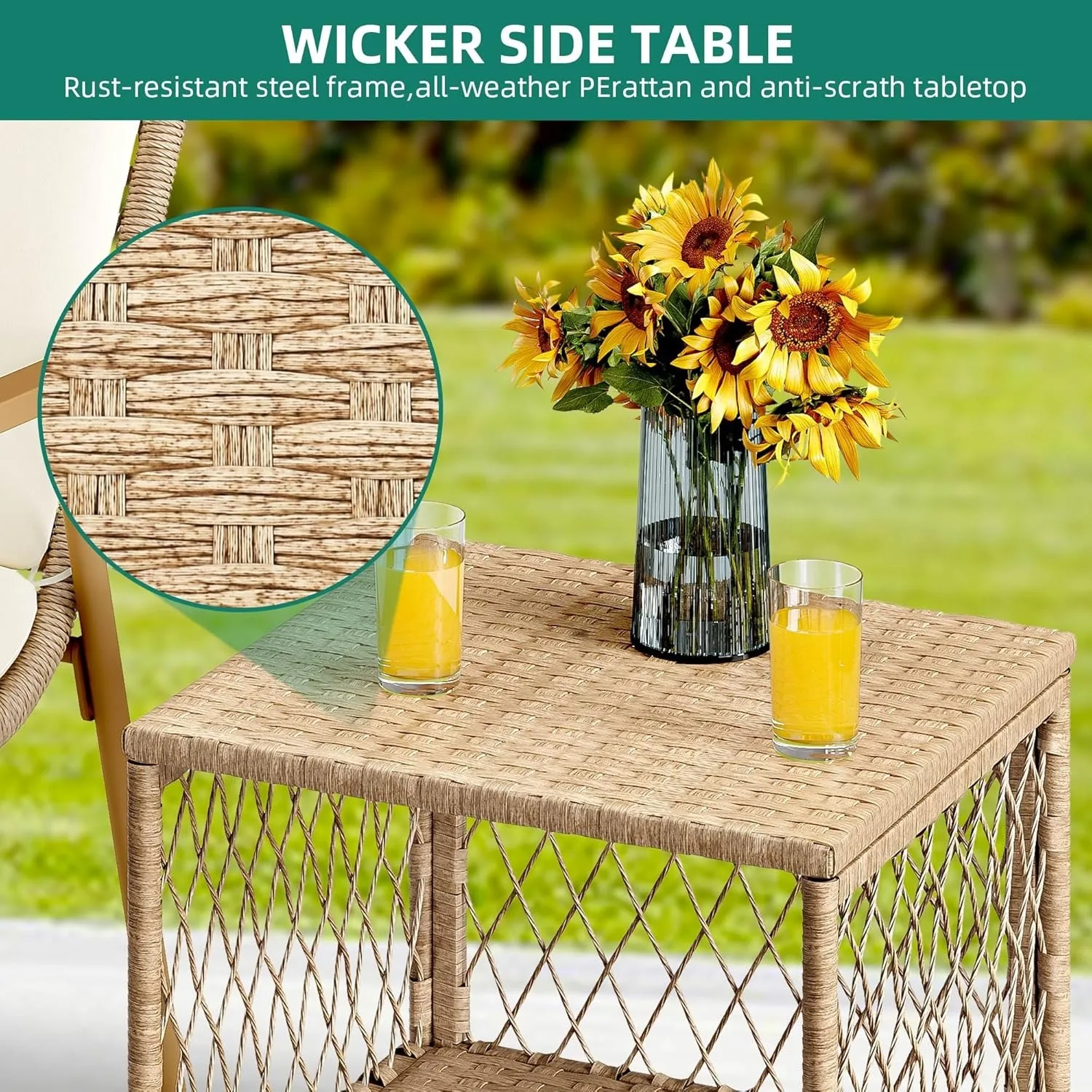 3 Pieces Patio Wicker Rocking Bistro Set, Oversize Outdoor Rattan Conversation Set with Soft Cushions & Square Side Table(Beige)