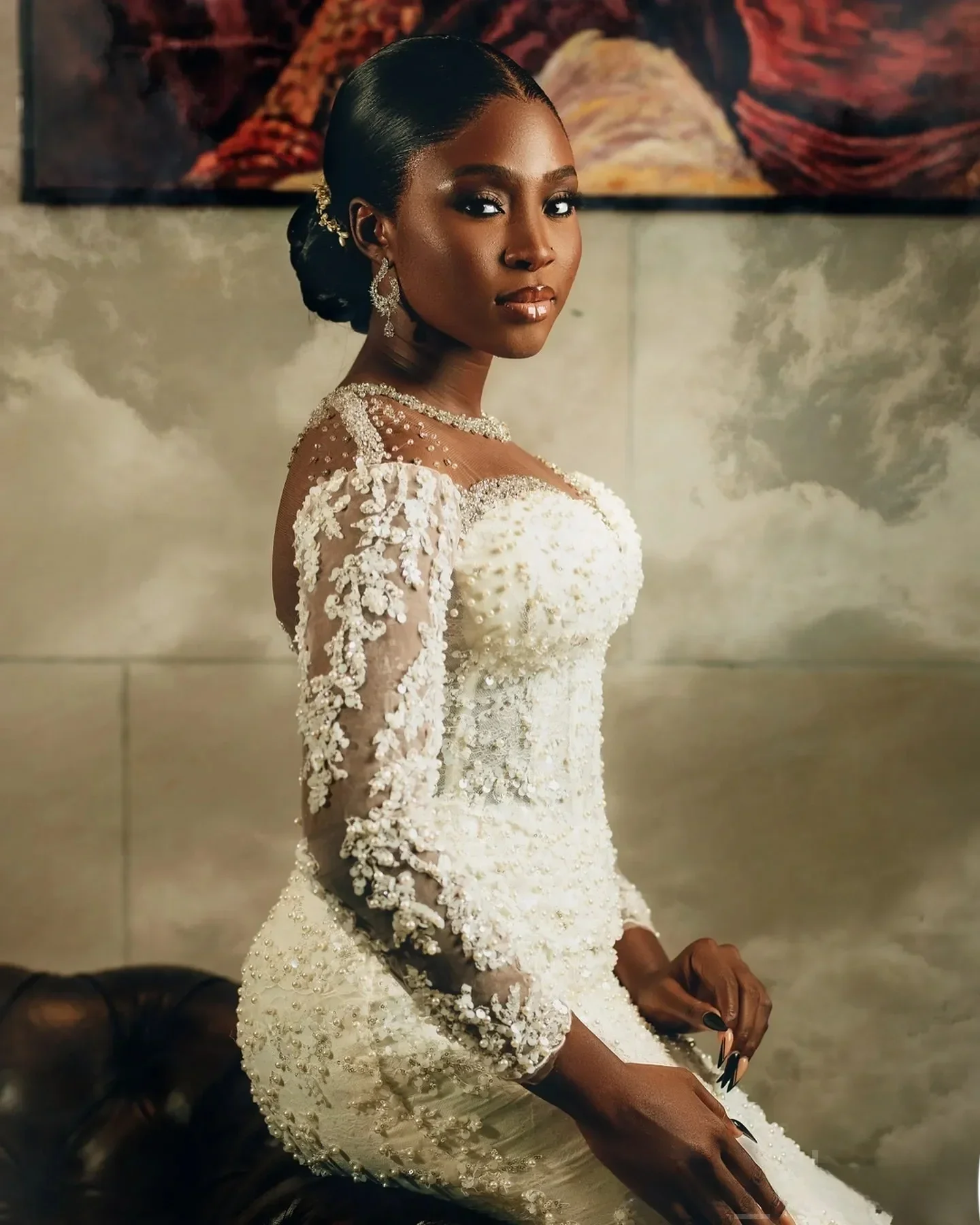 고급스러운 화이트 머메이드 아플리케 비즈 여성 웨딩 드레스 섹시한 투명 칼라 긴 소매 댄스 신부 드레스 맞춤 제작