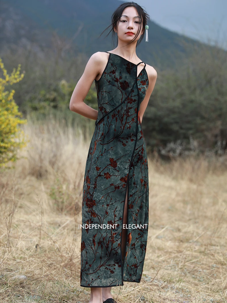 CHEERART flocage Floral vert Vintage longues robes femme Cheongsam été dos nu une ligne côté fendu Midi robe de créateur