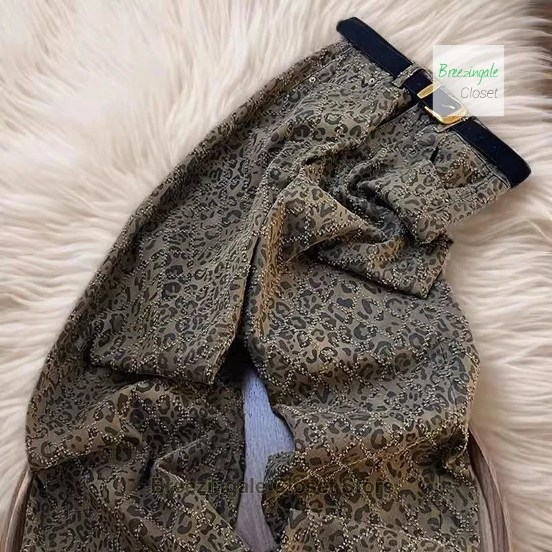 جينز أمريكي عالي الشارع بنقشة الفهد للنساء للربيع والصيف بتصميم عصري متخصص جديد كلاسيكي كاجوال نحيف مستقيم واسع الساق. #2