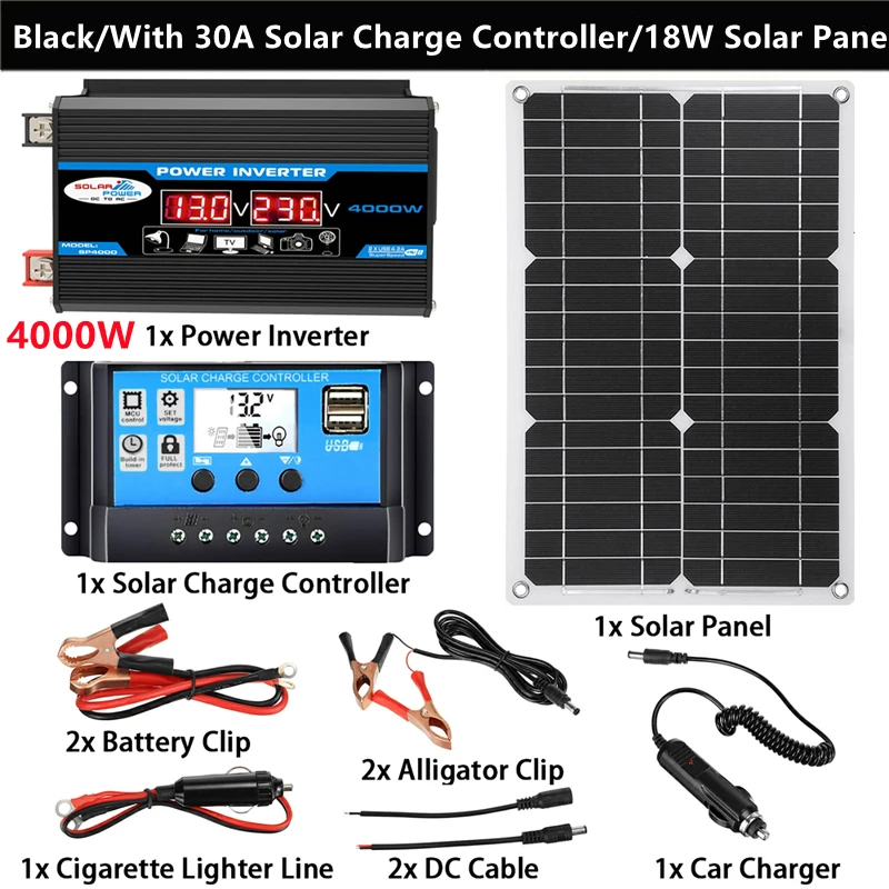 Solar Power System Dual USB 18W Solar Panel + 4000W Power Inverter Complete Kit 12V to 110V/220V + 30A Solar Charge Controller