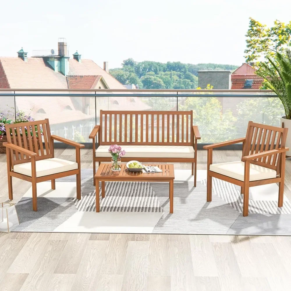 Ensemble de meubles en bois d'acacia avec causeuse, coussins de siège souples, 2 chaises et table basse, 4 pièces