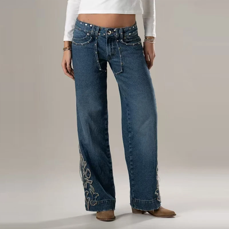 

Z Low Waist Embroidered Denim Pants Casual Wide Leg Jeans High Waist Zipper Fly Denim Blue for Women Autumn Season