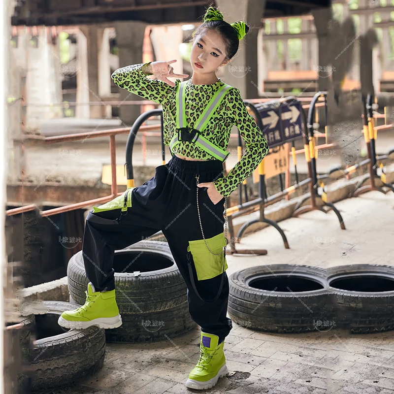 Boys hip-hop costume girls jazz dance set neon green top vest black vest long pants loaded street dance costume performance