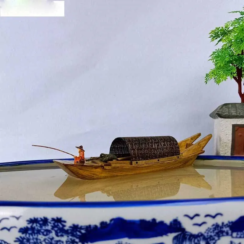 江南五鵬ボート魚水槽造園家庭用家具工芸品アクセサリー浮遊ミニ木製釣り船モデルzi961