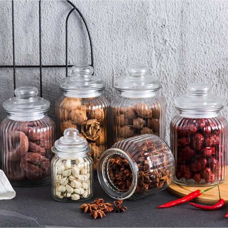 230-1350ml Striped Kitchen Full Body Glass Container with Lid Storage Jar Pasta Chocolate Candy Food Storage Tank