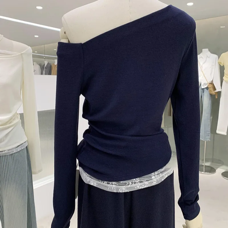 Camisetas de manga larga para mujer con hombros descubiertos y cuello oblicuo de retazos de encaje Sexy diseño femenino moda estilo coreano Tops para mujer sólido nuevo