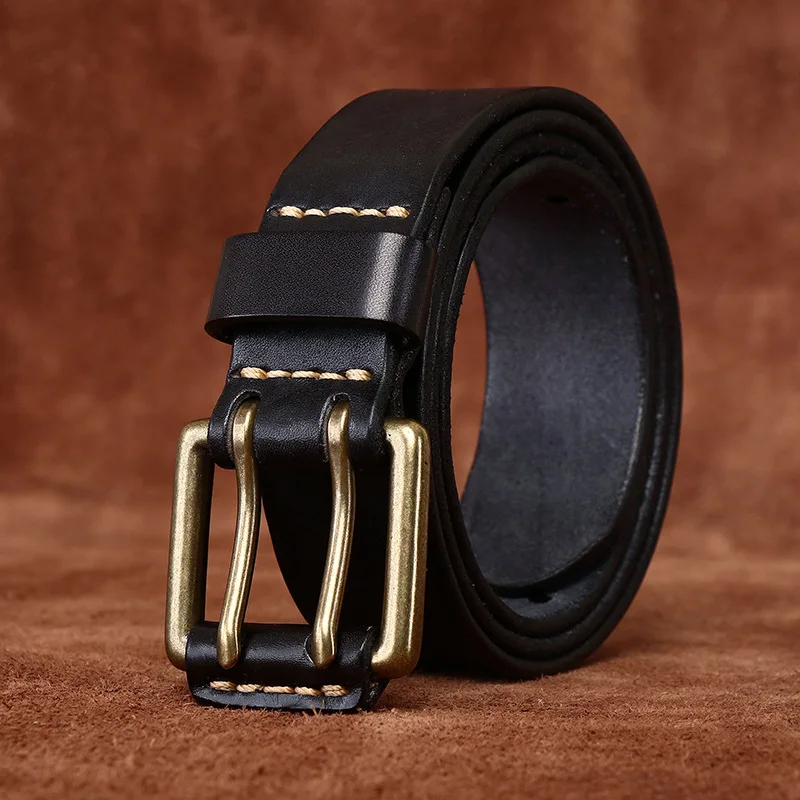2026 Width Men Cowhide Belt Retro Head Double Pin High Quality Copper Buckle Layer Youth Jeans Factory Wholesale Coffee  Black