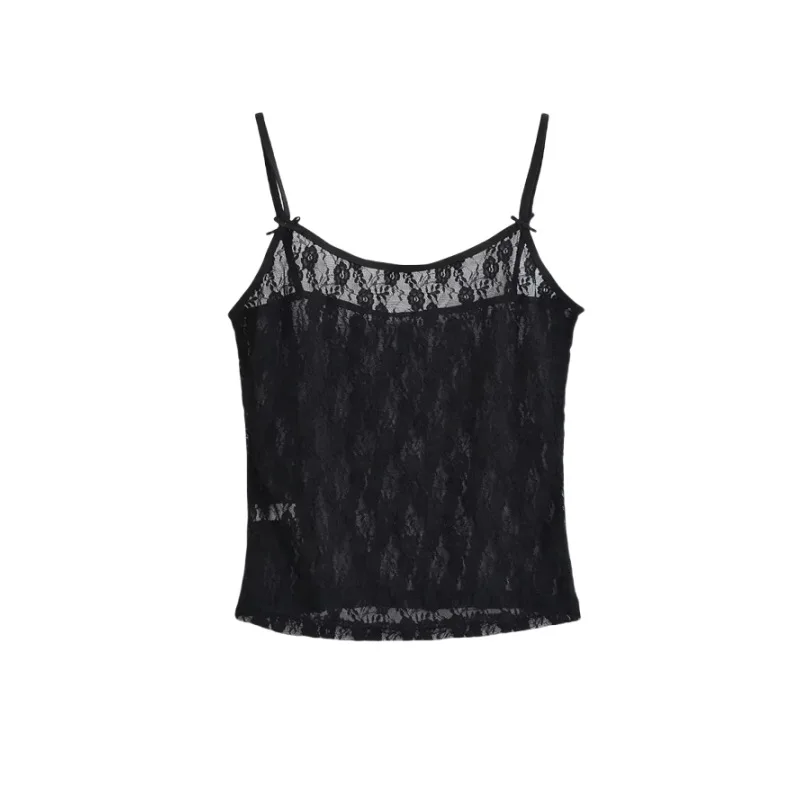 Women Cami See Through Selena Lace String Tank - Black White