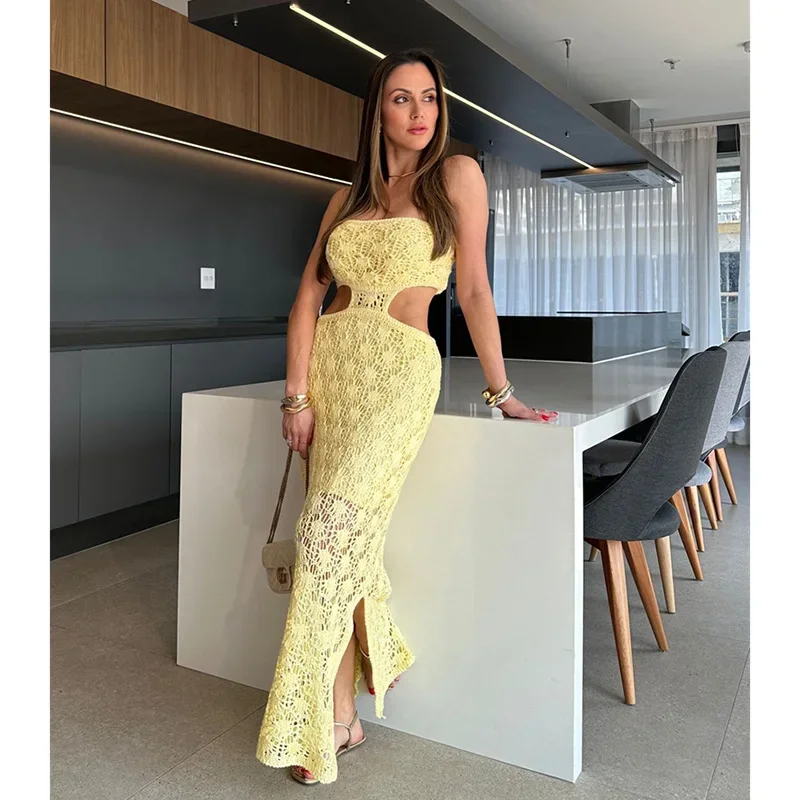 2025年 ニットワンピース サマービーチウェア セクシー シースルー ビキニ カバーアップ ビーチ ボディコン マキシワンピース メッシュ ホルターネック サンドレス