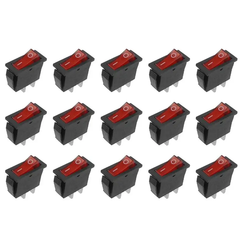 B04C-15 Pcs 2 Pin SPST Red Neon Light On/Off Rocker Switch AC 16A/250V 20A/125V