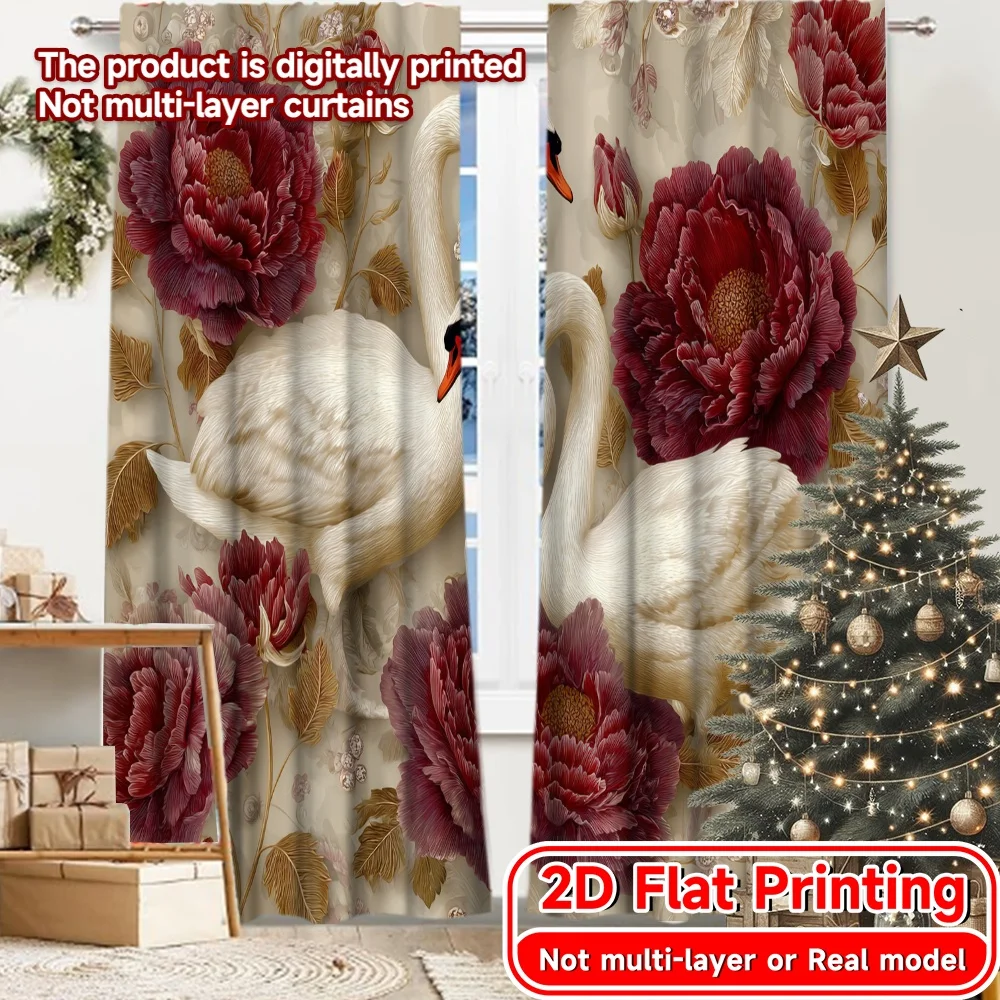 2D Flat Printing,2pcs Elegant Swans Minimalist Chic Curtains Machine Washable Fabric Curtains Home Decor Ldeal for Bedroom &