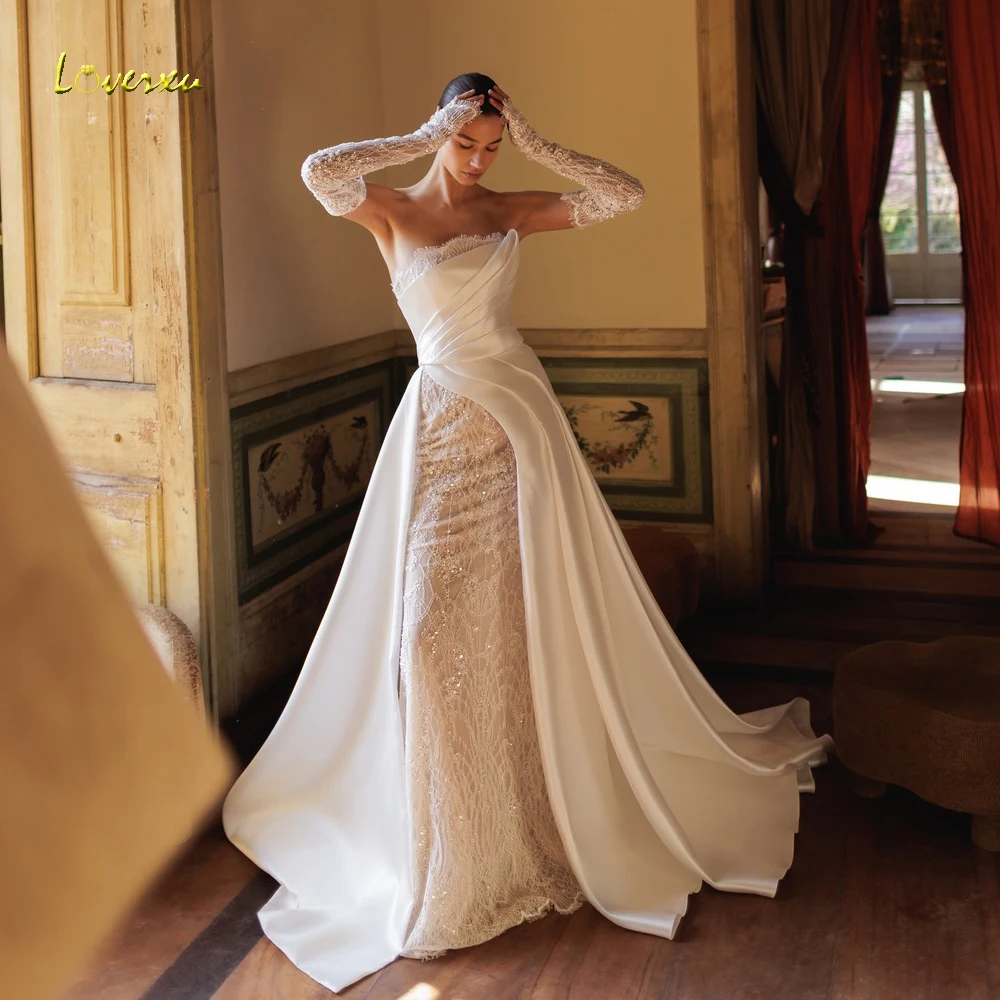 

Loverxu Mermaid Sexy Wedding Dresses Strapless Detachable Sleeve Vestido De Novia Embroidery Matte Satin Custom Made Bridal Gown