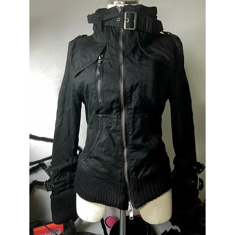 Subkultur Harajuku Vintage Safari Mäntel mit Kapuze Frauen Reißverschluss Sweatshirts Casual Streetwear Grunge Jacke Y2k Stehkragen