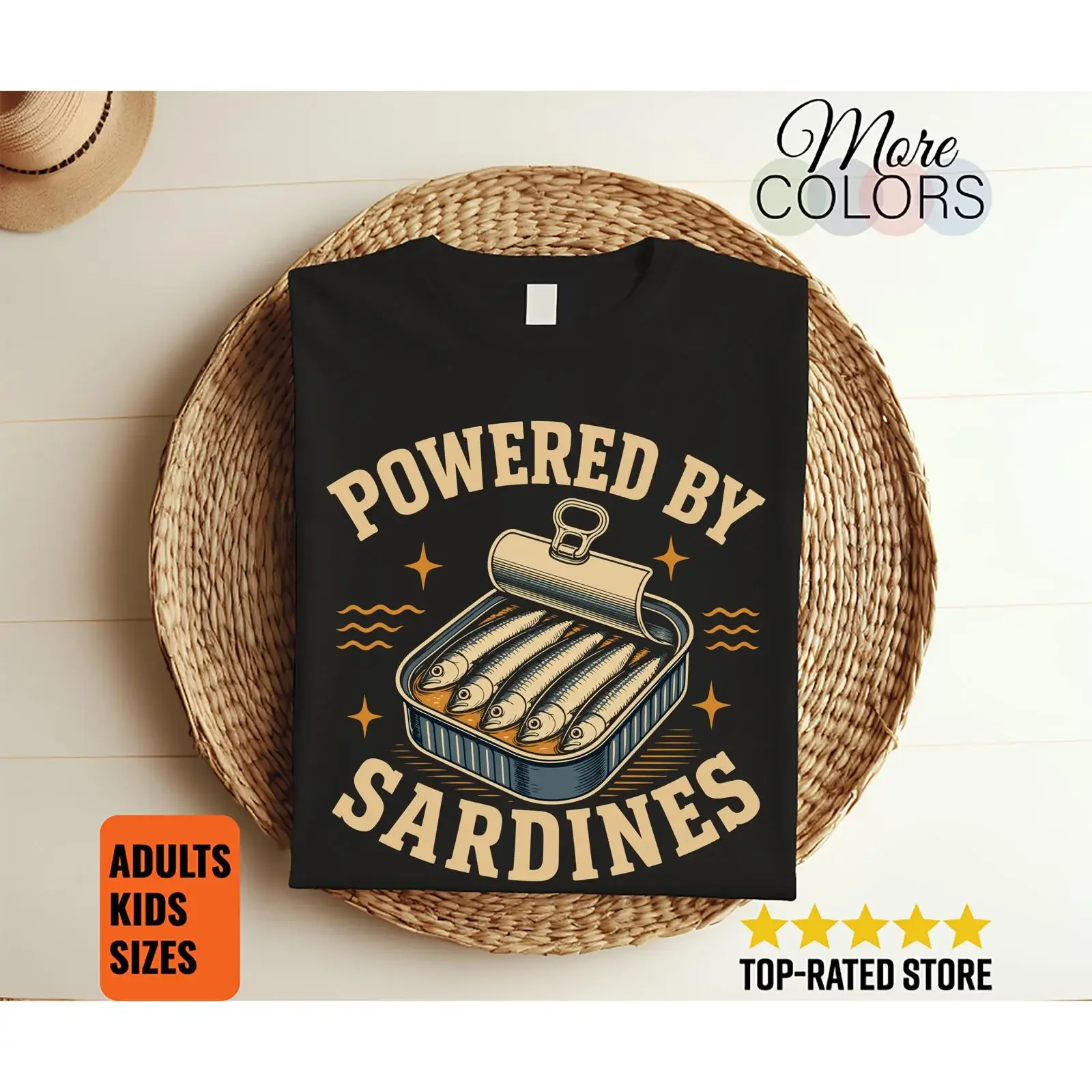 Powered By Sardines T Shirt Retro Canned Tinned Fish Funny Seafood Lover Casual for Adults Kids vintage Washed Unisex