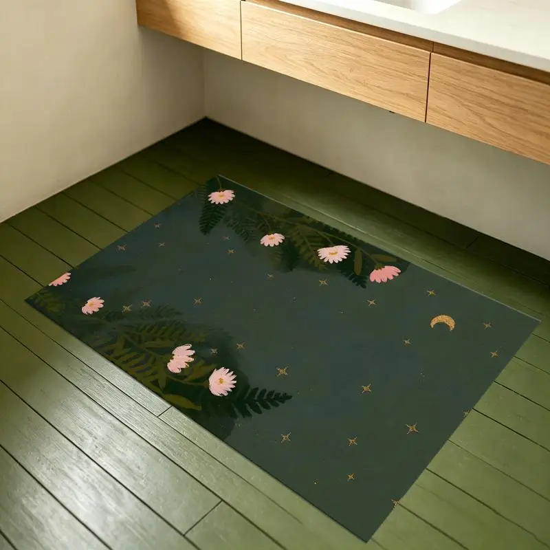 Forest Star Moon Pink Floral Fern Rug Soft Velvet Living Room Bedroom Home Decor