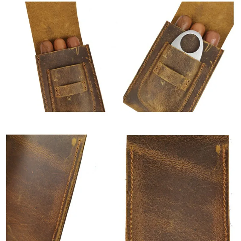 Genuine Leather Cigar Case Three-Finger Portable Cigar Humidor Crazy Horse Leather Case