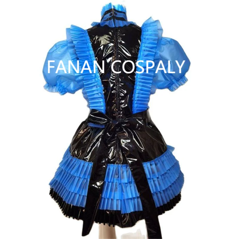 Adult Giant Baby Sexy Girl Blue Thin Semi Transparent PVC Girly Dress with Black Stitching Maid Role-playing Gothic Lockable