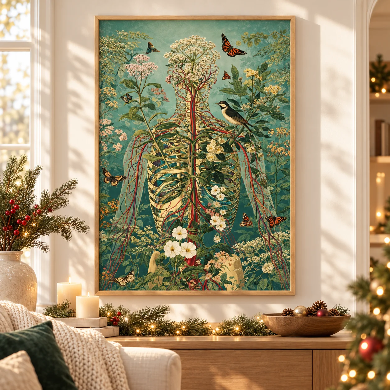 Botanical Human Anatomy Wall Art Print, Floral Rib Cage with Vines Birds and Butterflies, Vintage Canvas Poster Home Decor