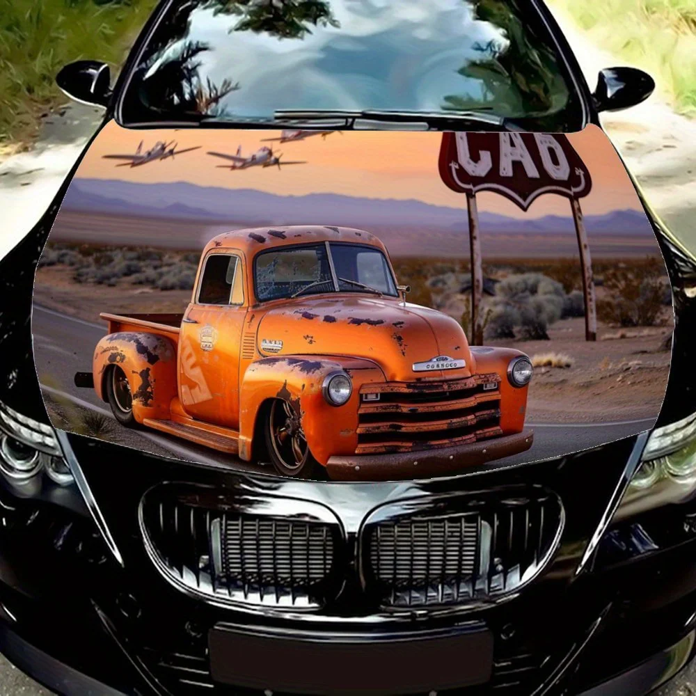 

Оранжевый автомобиль на пустой дороге, подарок, автомобильные виниловые наклейки, наклейка на капот двигателя, устойчивая к брызгам, легко снимается, прочная перспектива