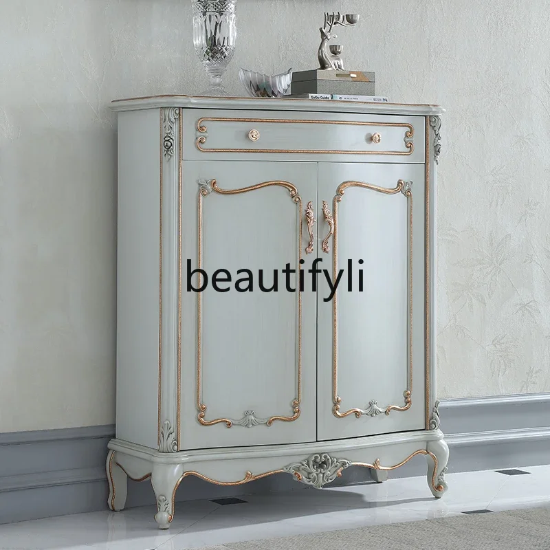 French furniture solid wood carving flower shoe cabinet walkway storage cabinet gold-painted old locker