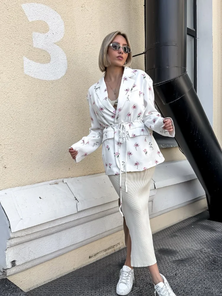 

Повседневный пиджак на шнуровке с цветочным принтом, женское пальто с длинными рукавами и лацканами с v-образным вырезом на талии, 2026, женская весенне-осенняя верхняя одежда, новинка