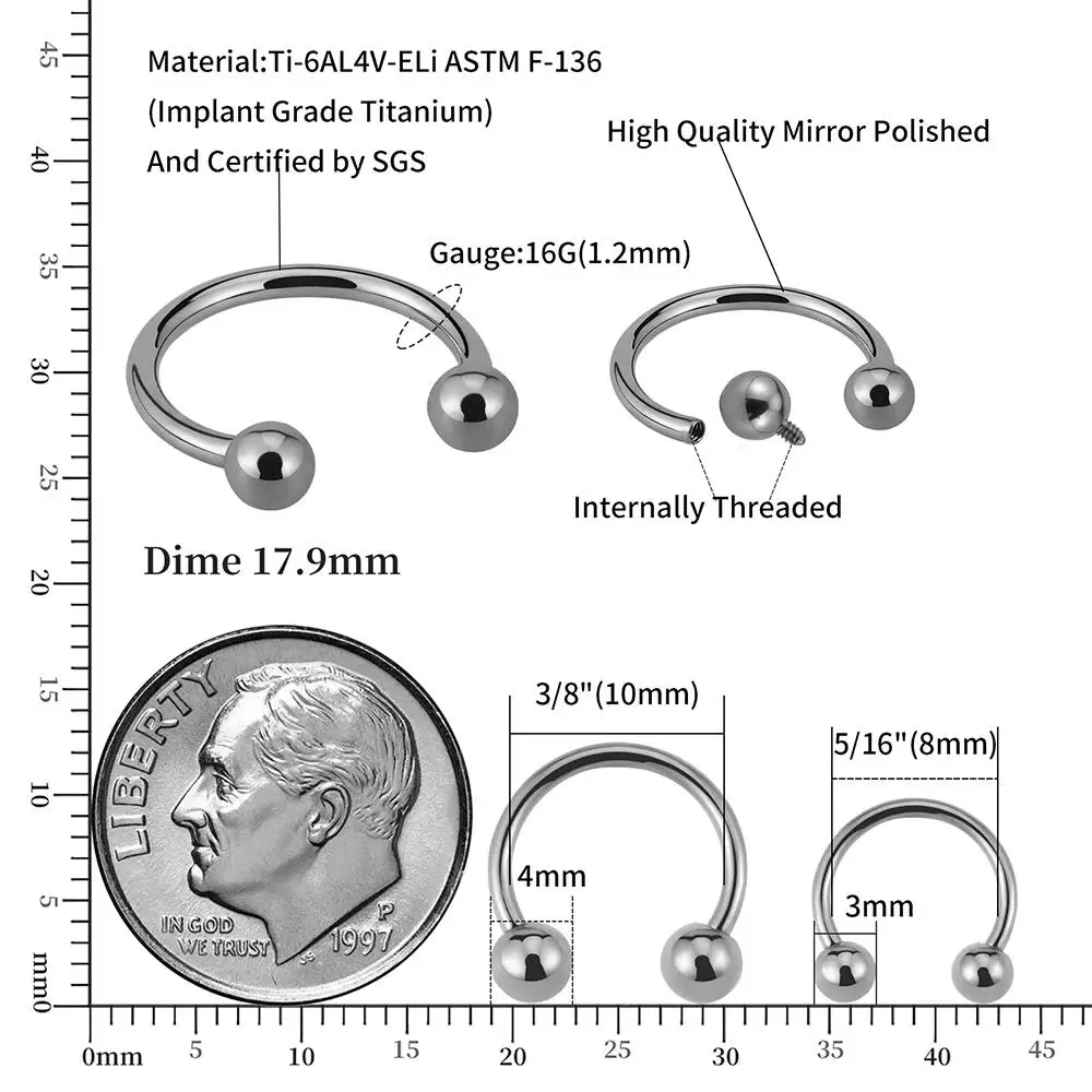 5pcs ATMS F136 زرع الصف داخليا خيوط التيتانيوم G23 حذاء الحصان دائري الشوامل المجوهرات الجسم #6