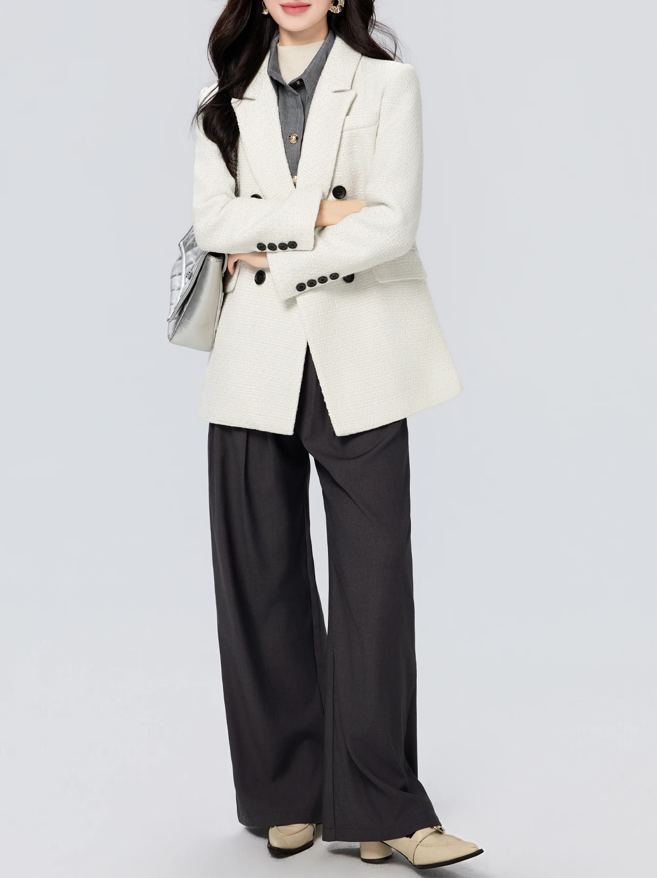 ウール混紡無地ピークドラペルブレザーダブルブレストルーズ長袖スリムプロフェッショナル万能スーツジャケット