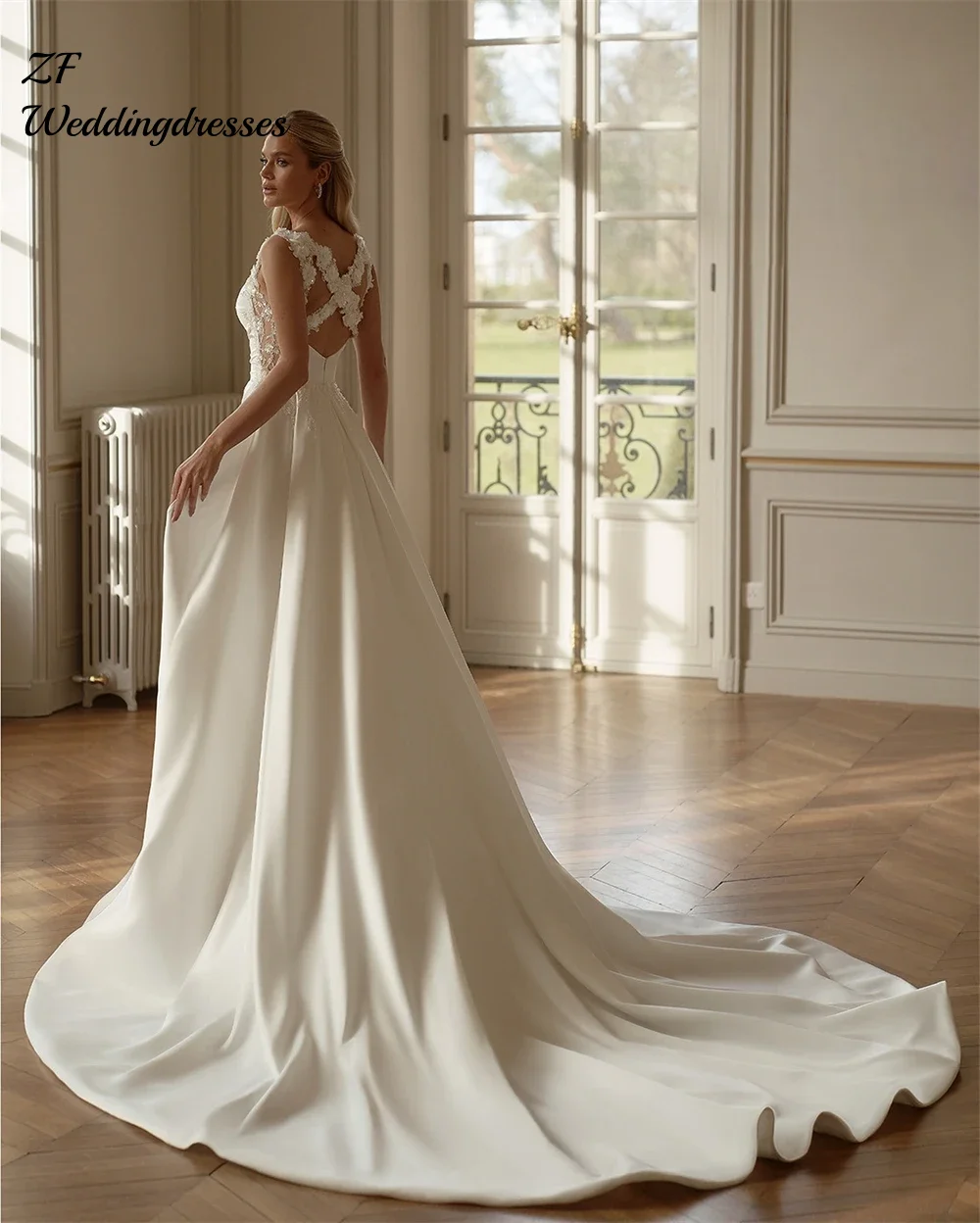 Maßgeschneidertes modernes Damen-Hochzeitskleid, A-Linie, Kragen, Fleck, Perlenstickerei, Robes de Flowers, Kreuz, Criss, formelle Brautkleider
