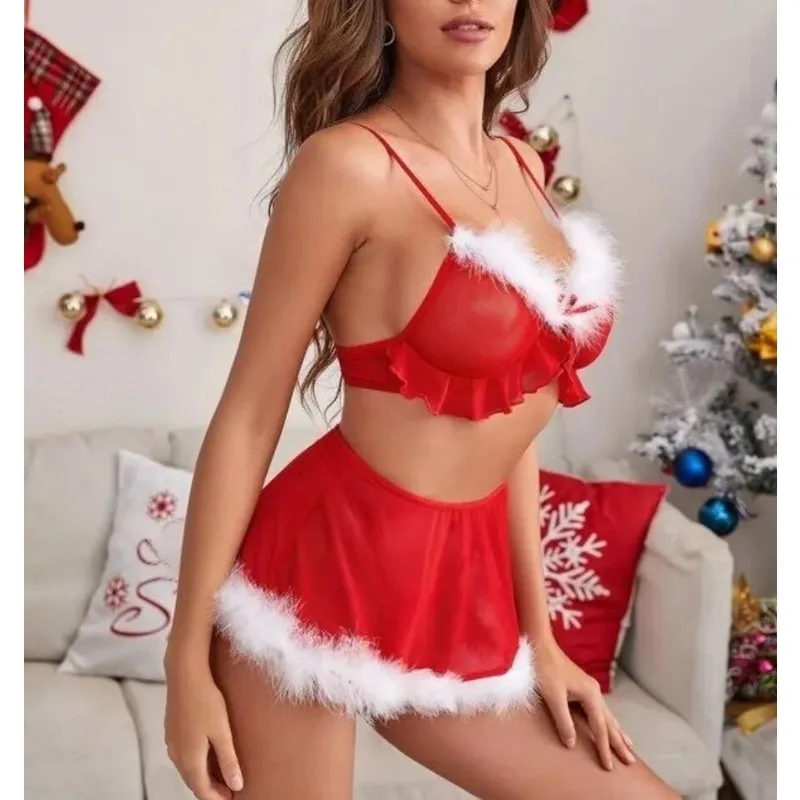 Swinol Christmas Erotic Costumes Women Sexy Lingerie Bra Skirt Thong Suit Plush Lace Tops Sex Play High Waist Sexy Sleepwear