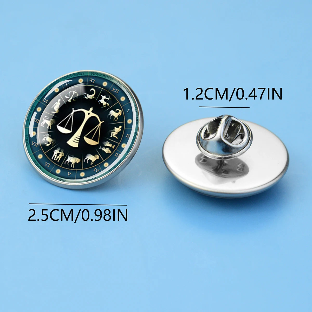 1PC Green Twelve Zodiac Pattern Brooch, 33mm Diameter Double-sided Glass Pendant, Suitable As A Holiday Party Gift