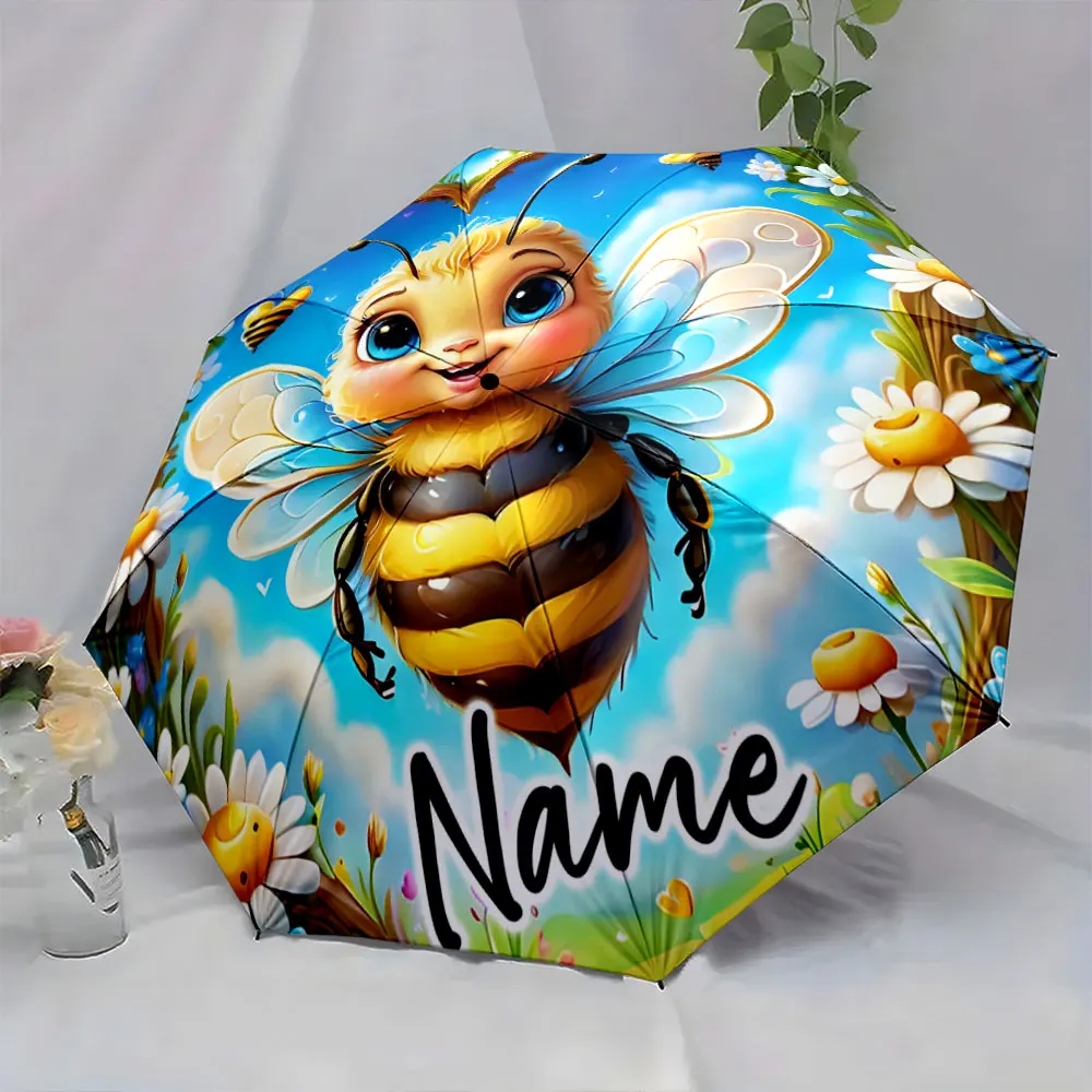 Custom Name  Bright Bee-Themed Umbrella with Nature Motifs Print 8 Iron Ribs Folding Umbrella Auto-Open Fashion Sunshade