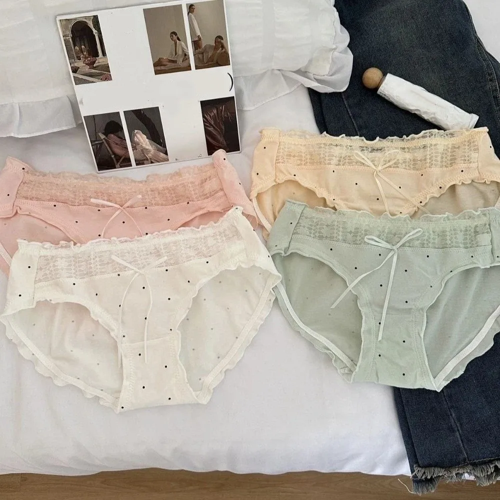 

Breathable Mid-waist Underwear Women Dots Patchwork Sweet Panties Ruffle Underpants Lace Mesh Underwear Female