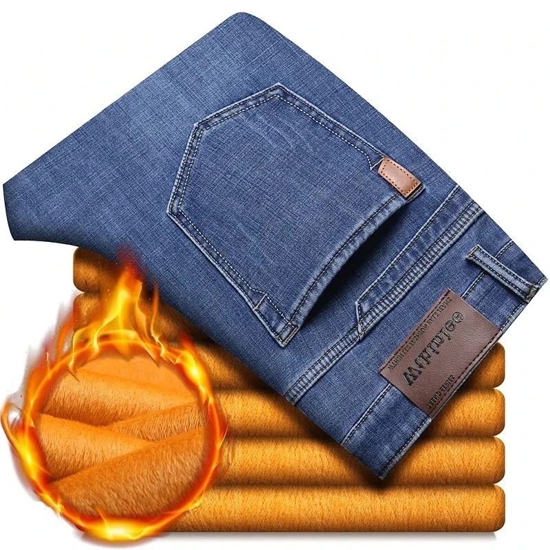 

Men Winter Warm Fleece Lined Thickened Jeans Male Fashion Windproof Vintage Denim Pants Daily Classic Slim Fit Trousers