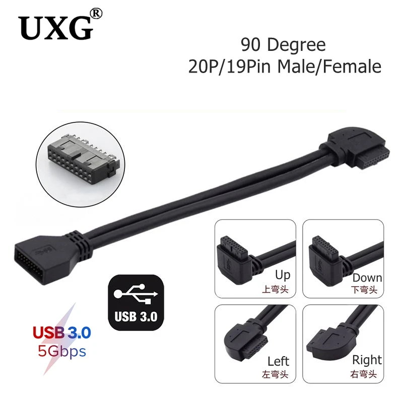 90 Degree Up Down Left Right Angle Computer Motherboard USB3.0 20Pin Female To USB 19pin 20 Pin Male Extension Mainboard Cable