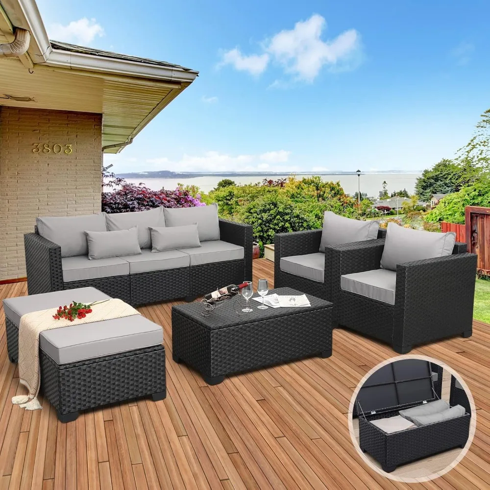 Patio Wicker Furniture Set 6 Pieces Outdoor HDPE Wicker Conversation Couch Sectional Chair Sofa Set with Grey Cushions