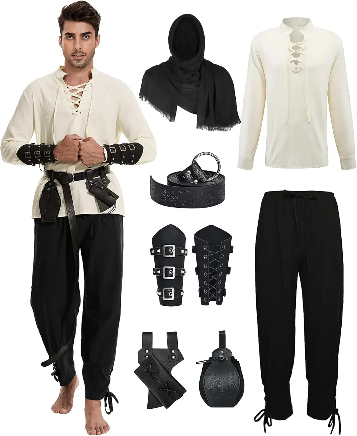 

7 Pcs Men's Renaissance Costume Medieval Pirate Shirt Ankle Banded Pants Viking Costume Accessories Set