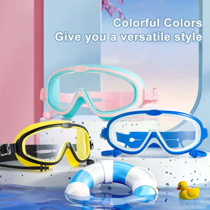 어린이용 큰 프레임 수영 고글 귀마개 포함 어린이용 김서림 방지 수영 안경 소년 소녀 수영장 해변용 수영 고글