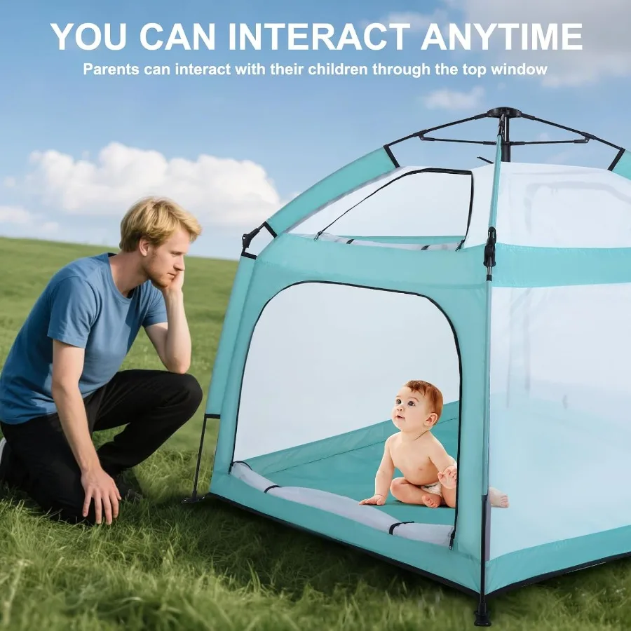 Parque infantil portátil para bebé con dosel, patio de juegos infantil, tienda de playa, mosquitera para interior y exterior, verde