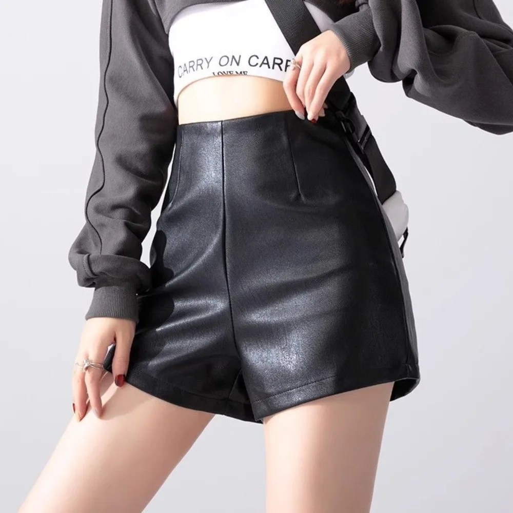 Black PU Leather Shorts, Invisible Open Crotch, High Waisted, Slim, Casual, Straight Leg Pants, Outdoor Sex