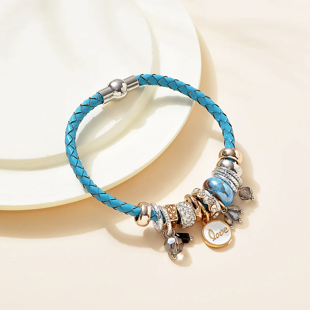 Cross-border blue leather cross-wound handmade diamond-encrusted geometric pendant fashionable simple personalized women's brace