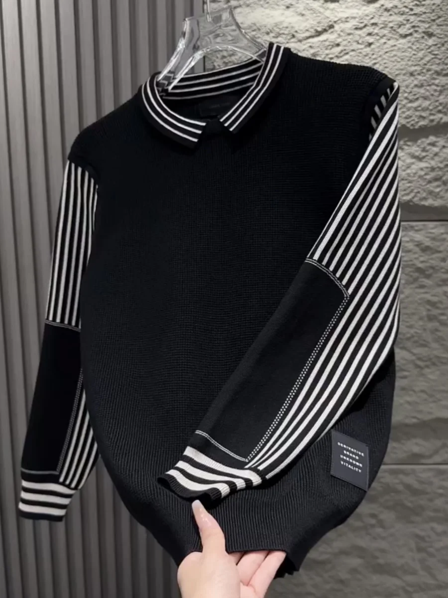 

Мужской вязаный свитер с воротником в полоску, универсальный, приталенный, для весны и осени, модель M