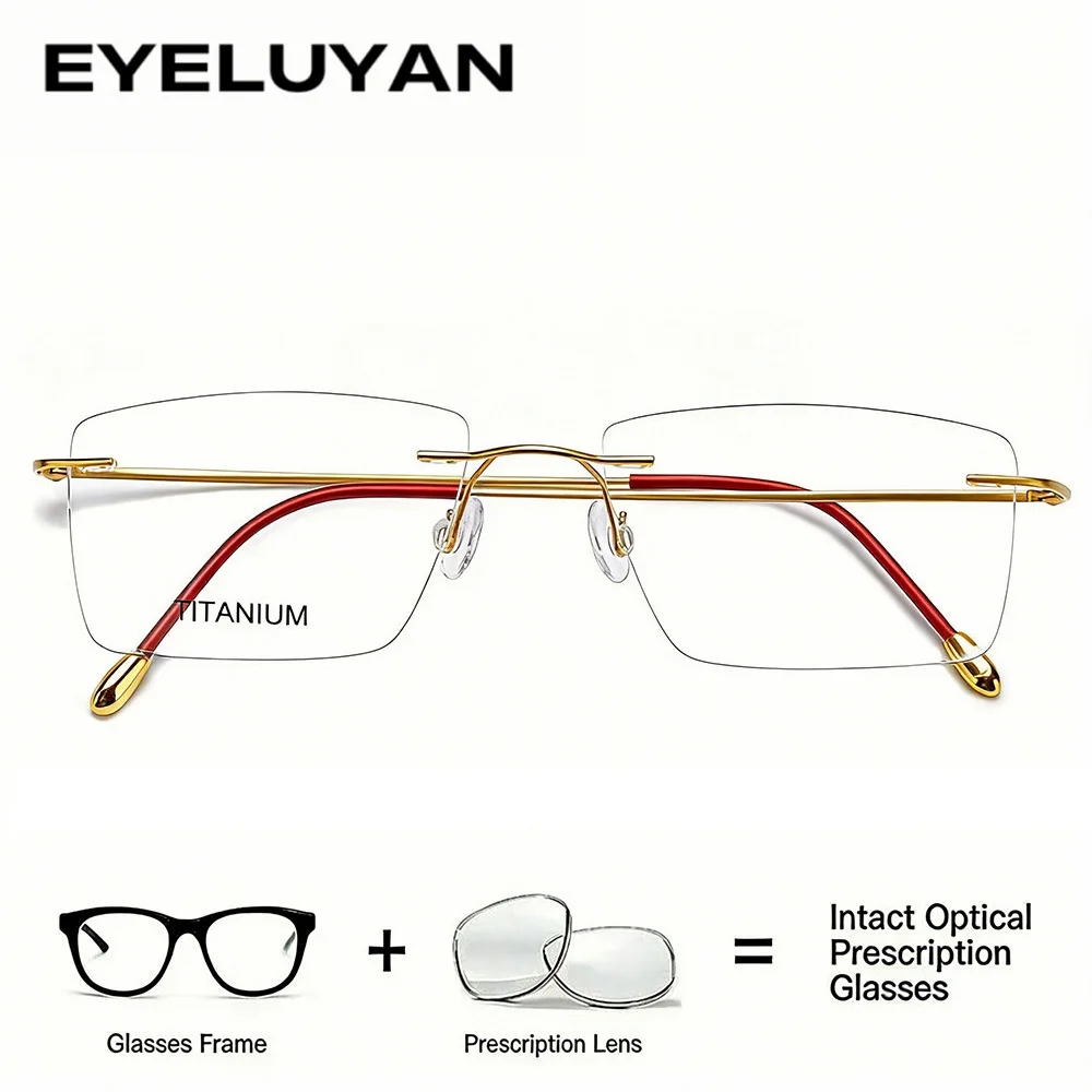 

β-Titanium Rimless Prescription Glasses for Women Men, Lightweight Gold Bezelless Eyeglasses Flexible Comfortable Spectacles