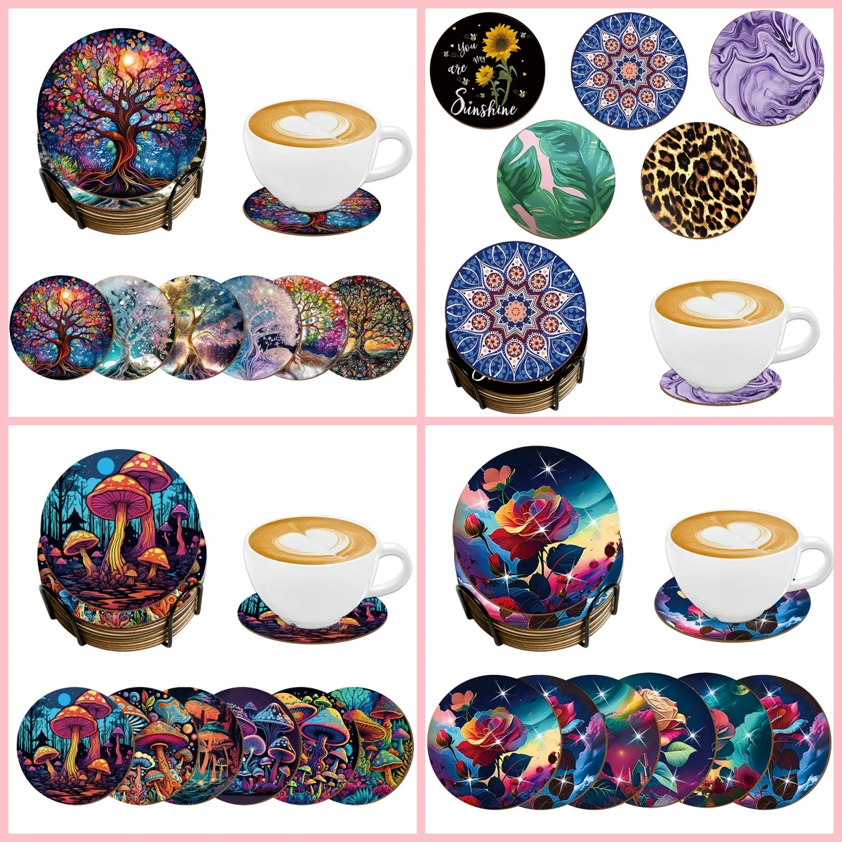 5/6 Pieces of round Coasters, fir flower Pattern with bracket, Wooden material, Suitable for outdoor cafe desktop Decoration