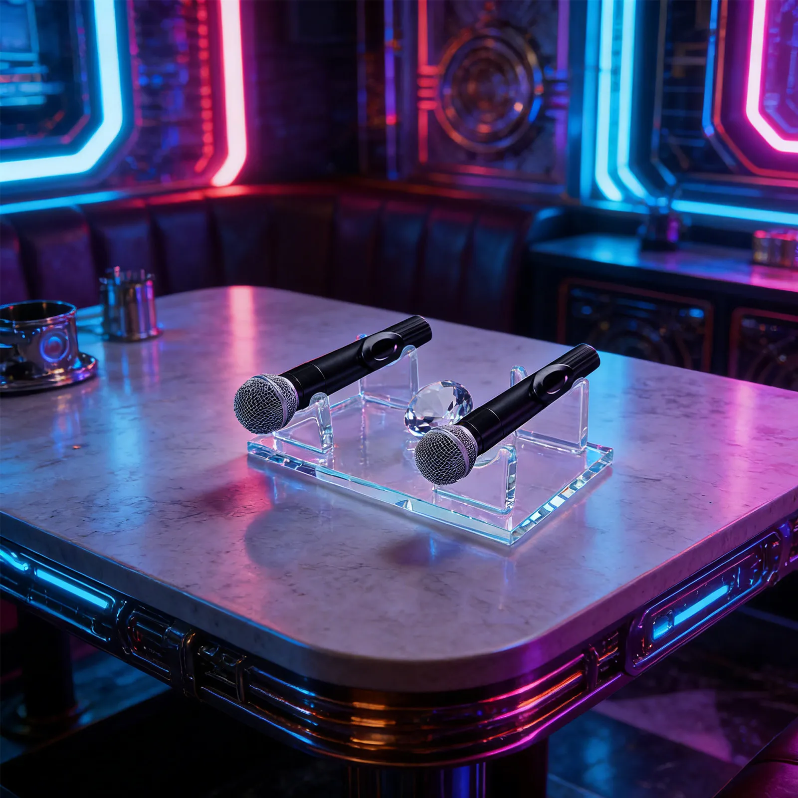 

Clear Crystal Desktop Microphone Storage Holder for Desk Perfect for Ktv Karaoke Nightclubs Homes Holds Two Microphones Stable