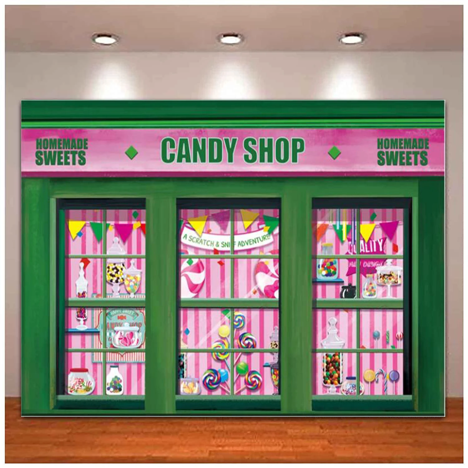 

Green Candy Shop Photo Photography Backdrop For Kids Homemade Sweets Show Window Shoppe Background Magical Birthday Party Cake
