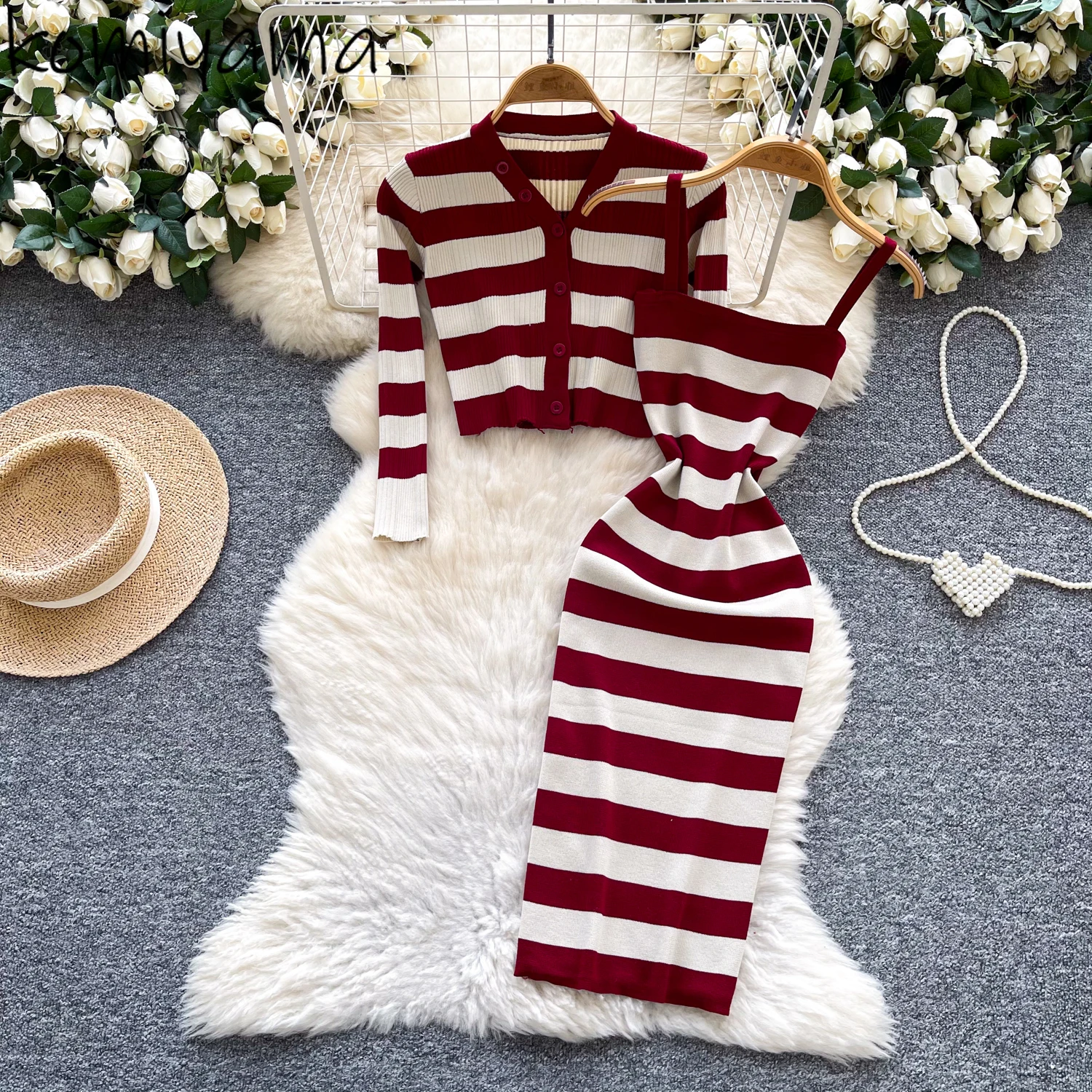 

Stripe Knit Woman 2025 New Sets V-neck Long Sleeve Cardigan High Waist Bodycon Strap Fress Autumn Feminino Two Piece Set