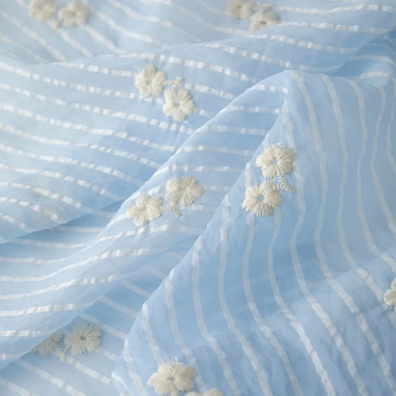 

Floral Embroidery Lyocell Lightweight Dress Fabric Aqua Blue Doll Blouse Handmade DIY Soft Breathable Summer Fashion Fabric