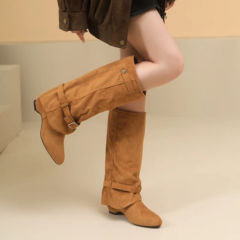 Vintage Stacked Boots for Women 2026 New Autumn and Winter Square-toe with Hidden Height Increase, Slimming Lazy Knight Boots