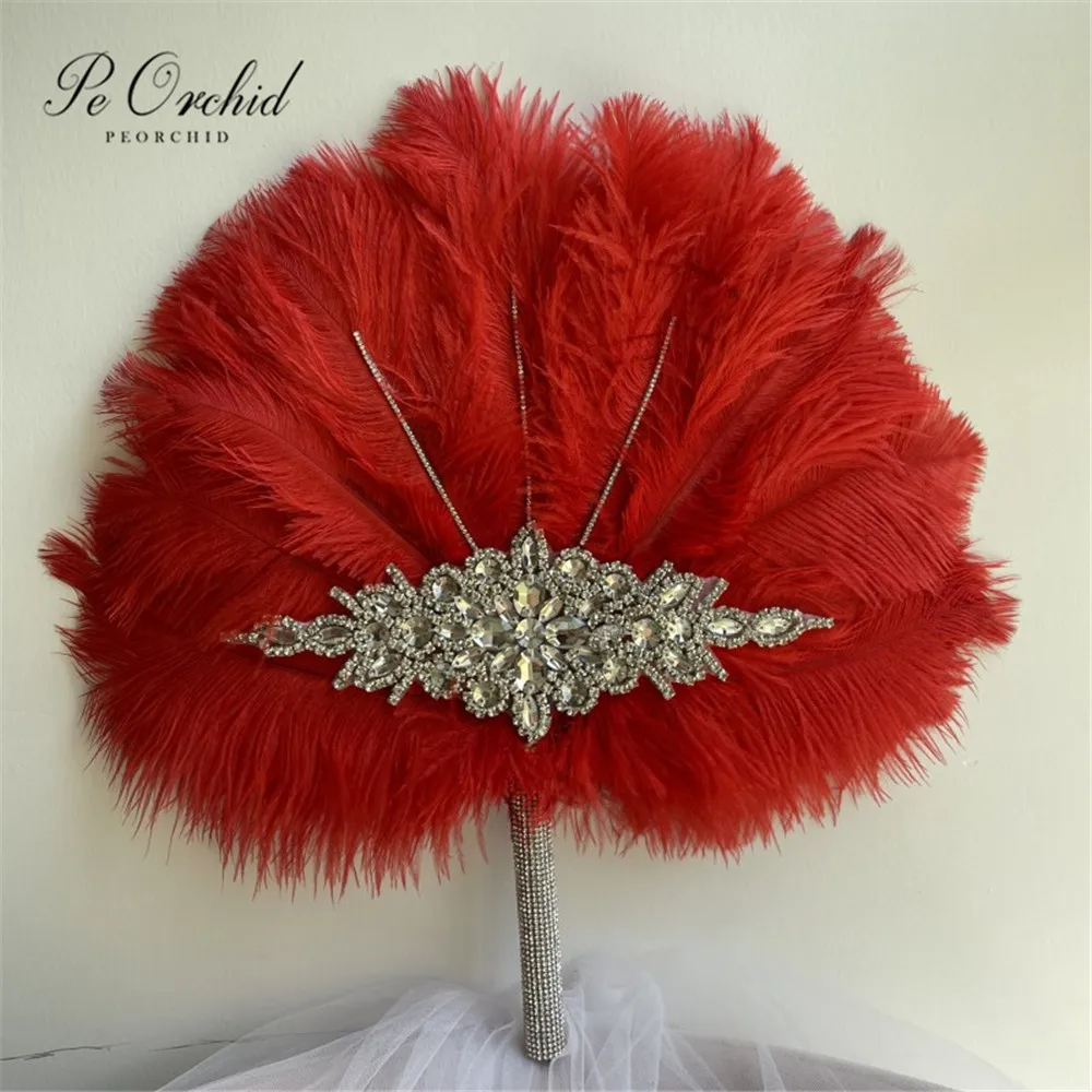 PEORCHID Rhinestones Brooch Bridal Bouquet Silver Red Alternative Ostrich Feathers Fan Great Gatsby 1902s Party Wedding Hand Fan